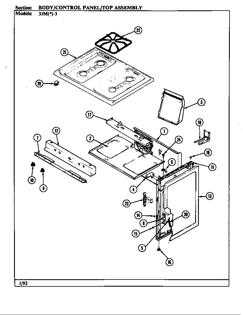 Magic Chef 31MN-3KX body/control panel/top assembly diagram
