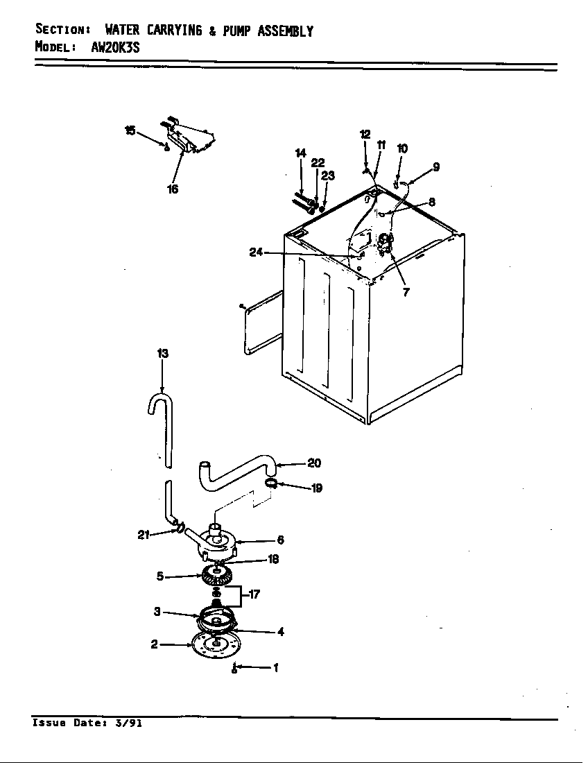 Admiral AW20K3AS water carrying & pump assy. diagram