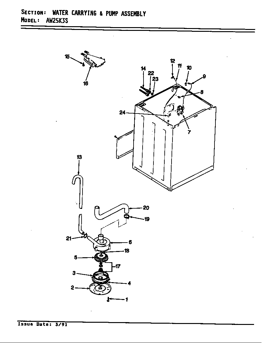 Admiral AW25K3HS water carrying & pump assy. diagram