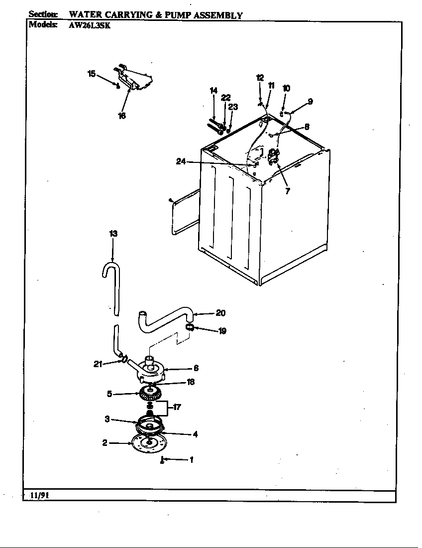 Admiral AW26L3ASK water carrying & pump assy. diagram