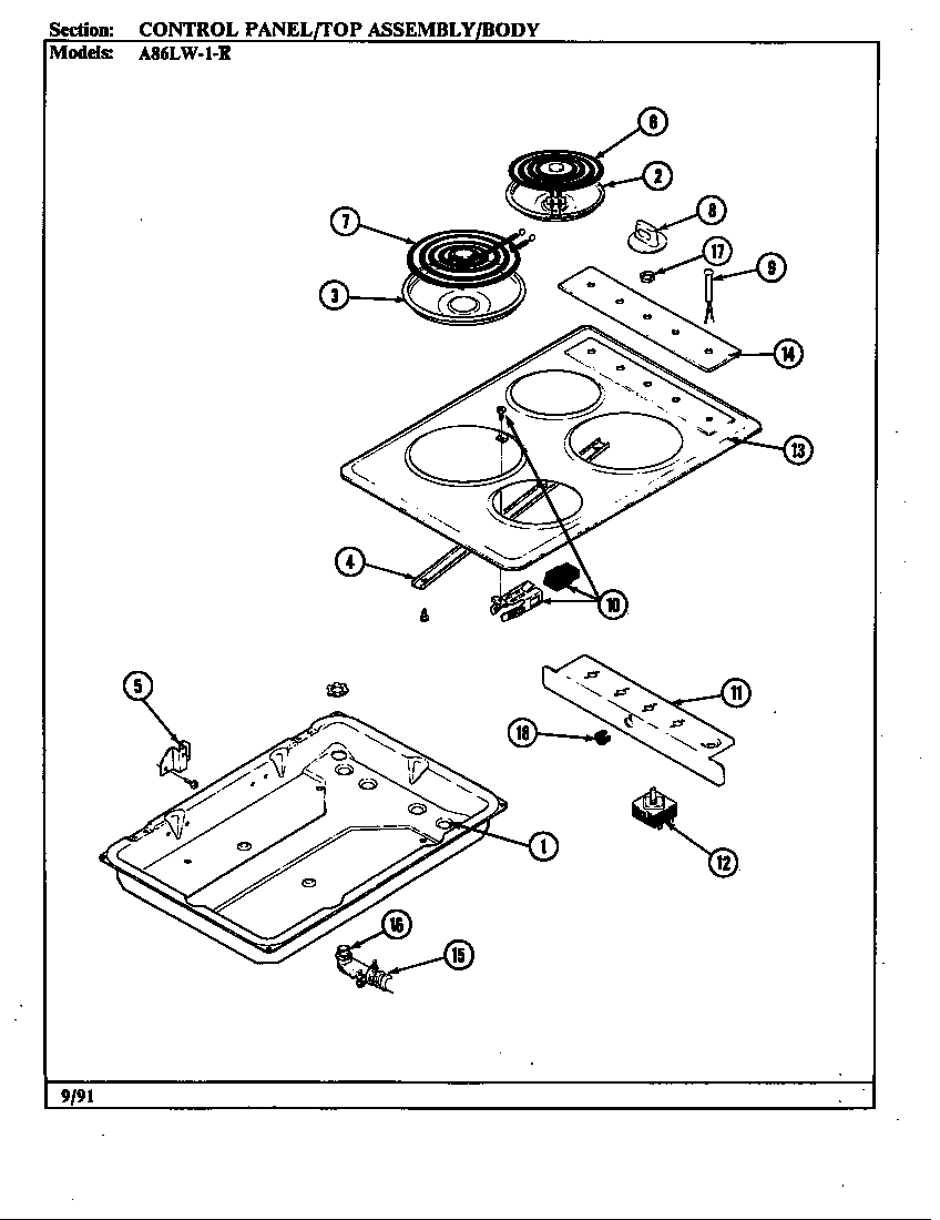 Admiral A86LW-1-R control panel/top assy./body diagram