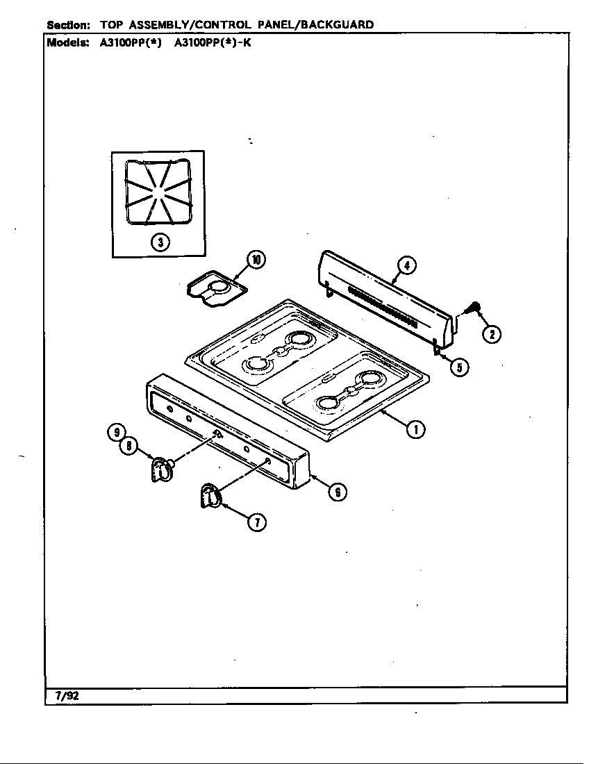 Admiral A3100PPW-K top /control panel diagram