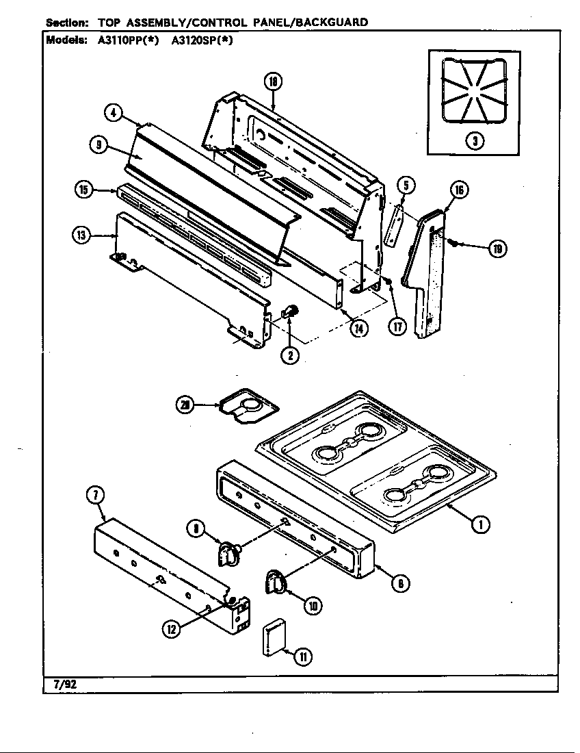 Admiral A3110PPA top assy./control panel diagram