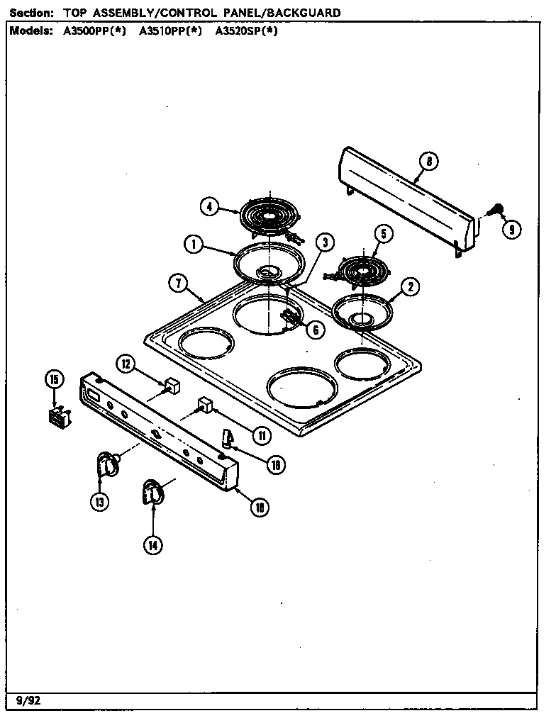 Admiral A3510PPW top assy/front panel (a3500) (a3500ppa) (a3500ppw) diagram
