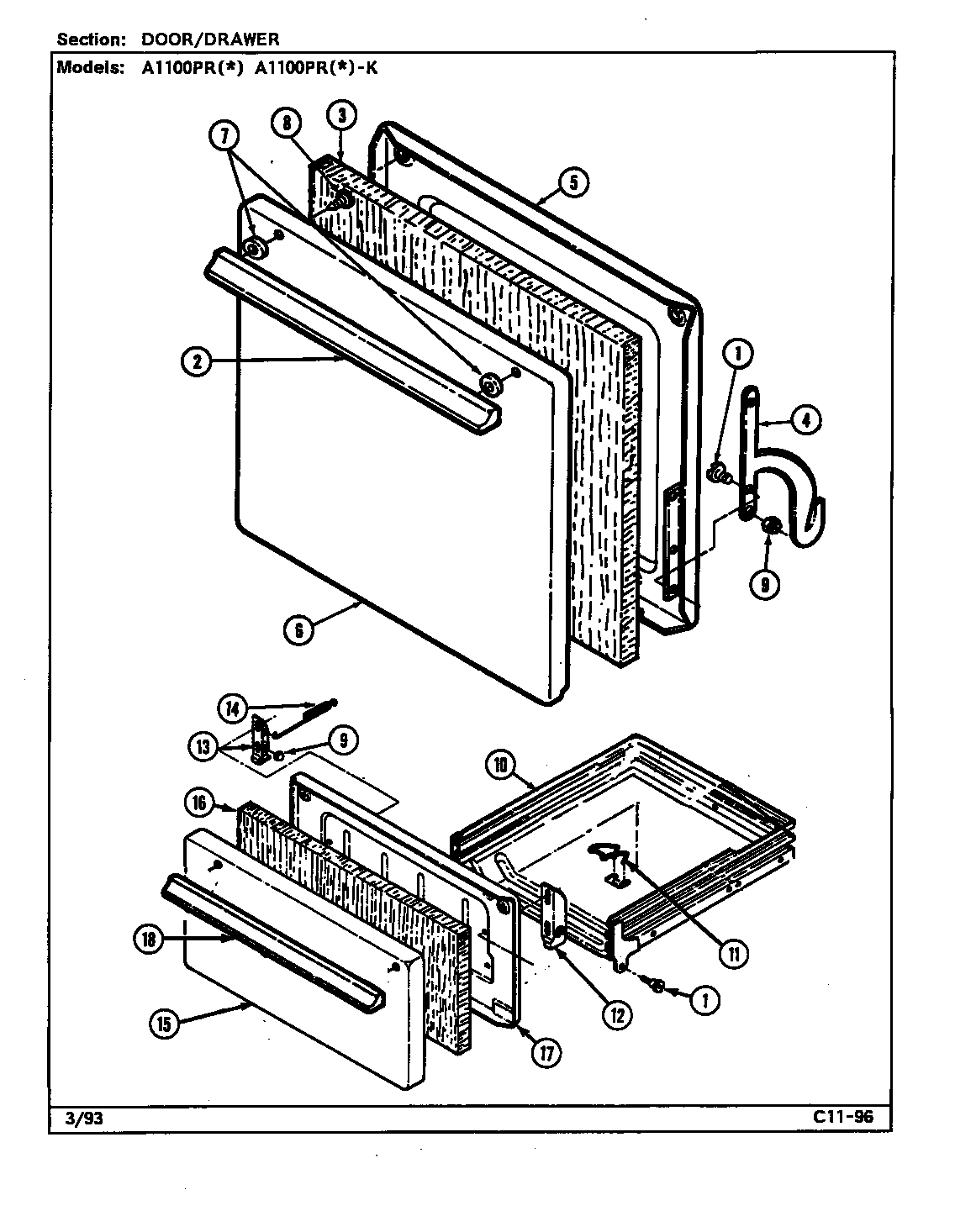 Admiral A1100PRA-K door/drawer diagram
