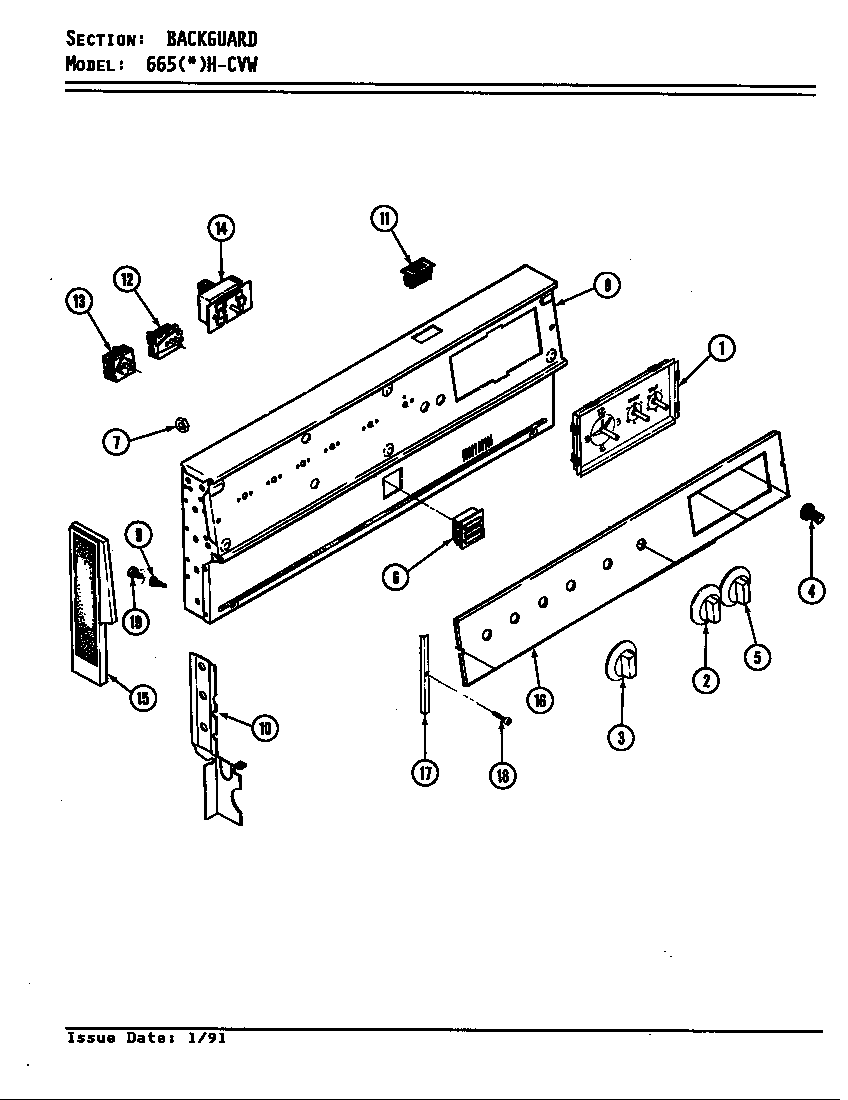 Admiral 665WH-CVW control panel diagram