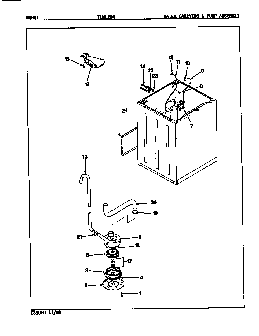 Norge TLWL204A water carrying & pump assembly diagram