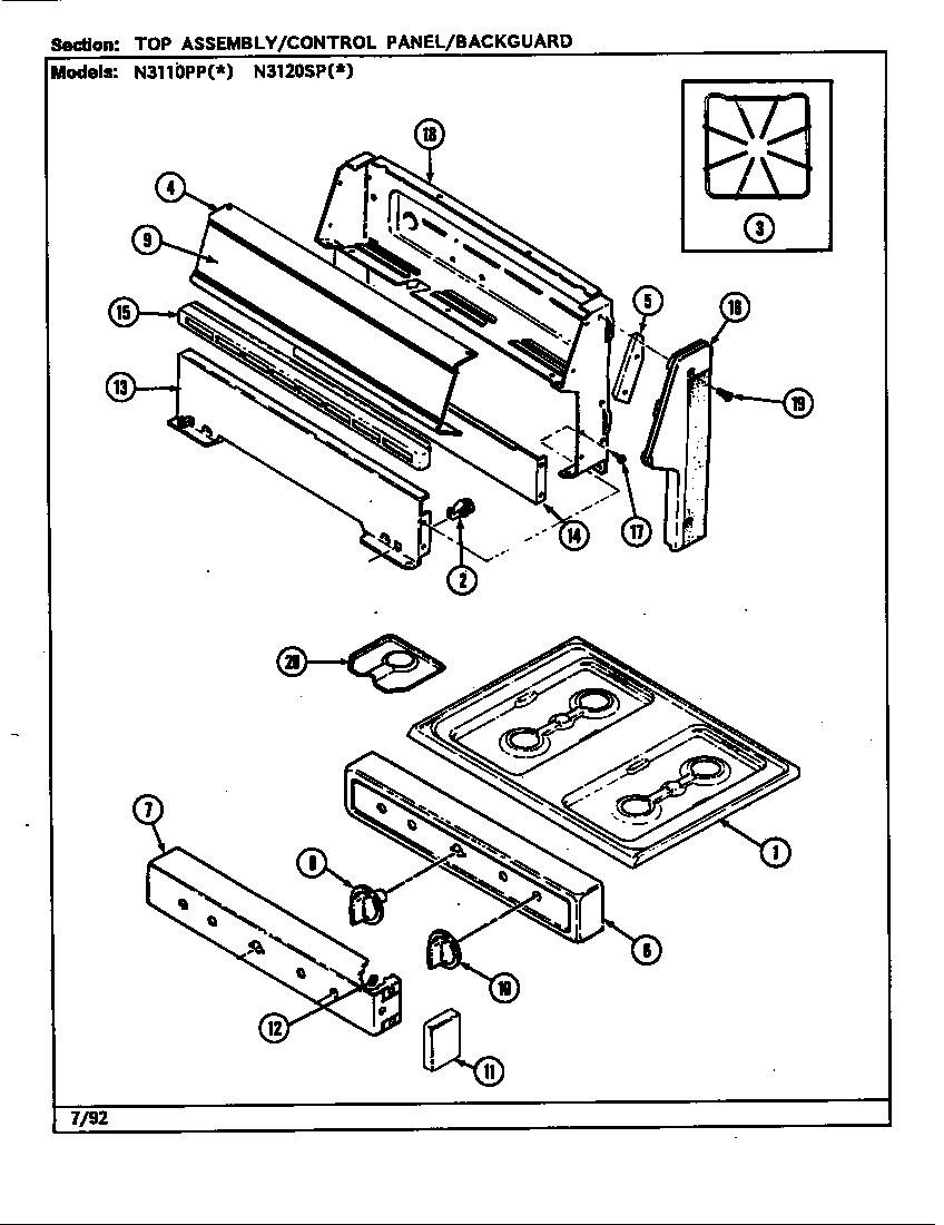 Norge N3120SPA top assembly/control panel (n3110ppa) (n3110ppw) (n3120spa) (n3120spw) diagram
