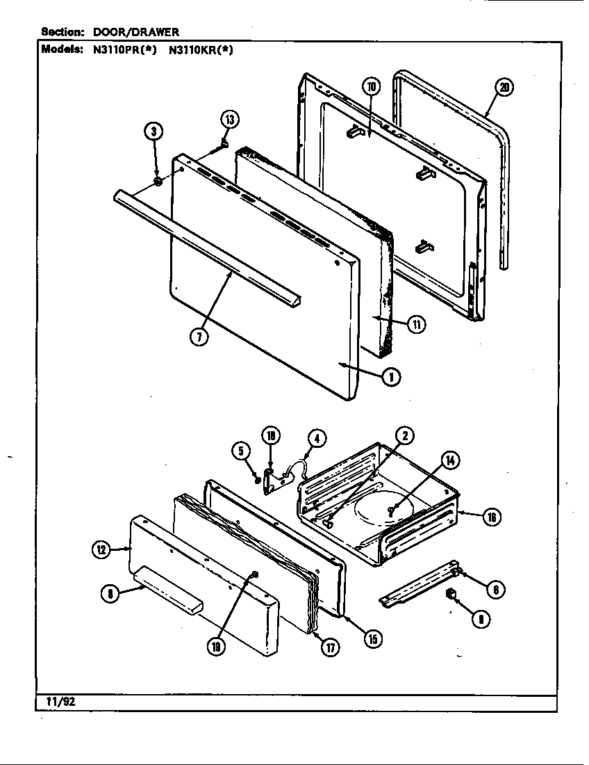 Norge N3110KRW door/drawer (n3110pr*, n3110kr*) (n3110pra) (n3110prw) (n3110kra) (n3110krw) diagram