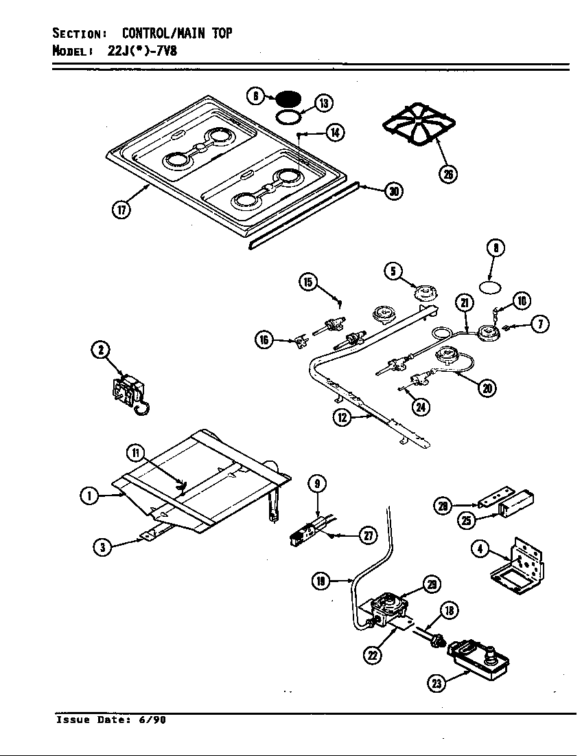 Magic Chef 22JY-7KLXV8 top assembly/gas controls diagram