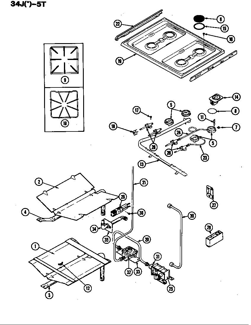 Magic Chef 34JA-5TKVW top assembly/gas controls diagram