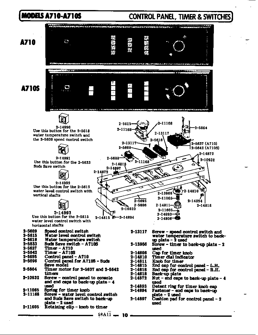 Maytag A710S control panel,timer & switches diagram