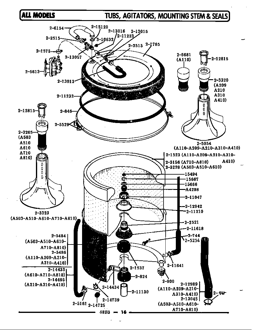 Maytag A710S tub, agitator, mounting stem & seal diagram