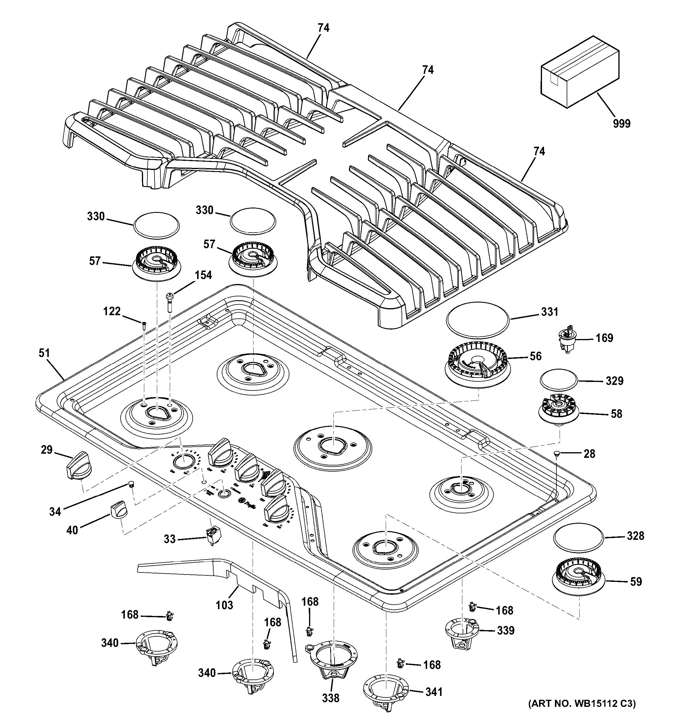 GE PGP976DET1BB control panel & cooktop diagram
