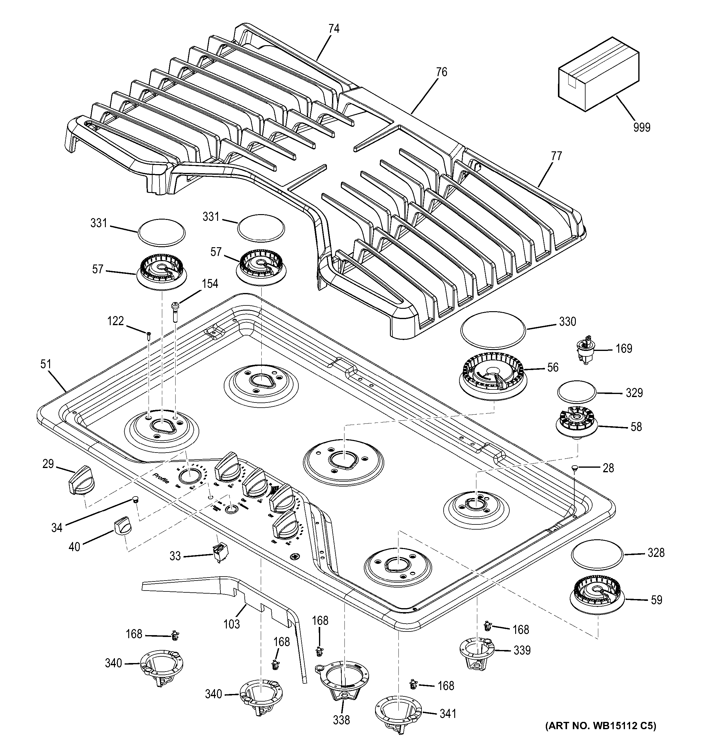 GE PGP976DET5BB control panel & cooktop diagram
