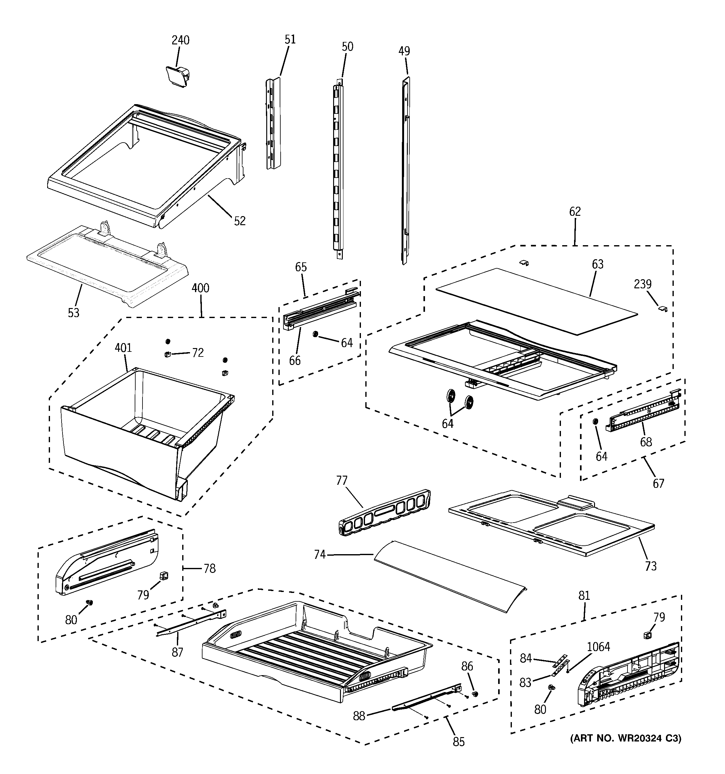 GE GFSF6KKYBWW fresh food shelves diagram
