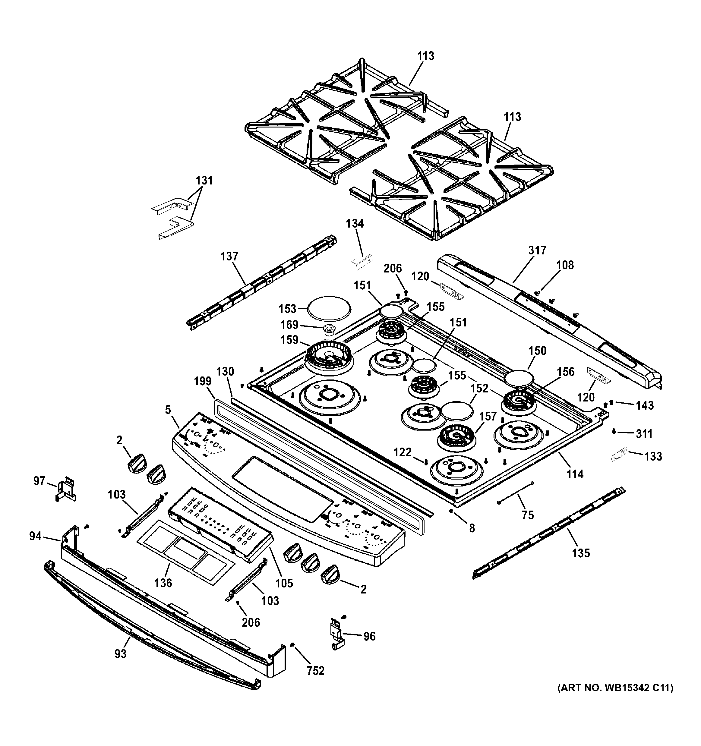 GE JGS750EEF4ES control panel & cooktop diagram