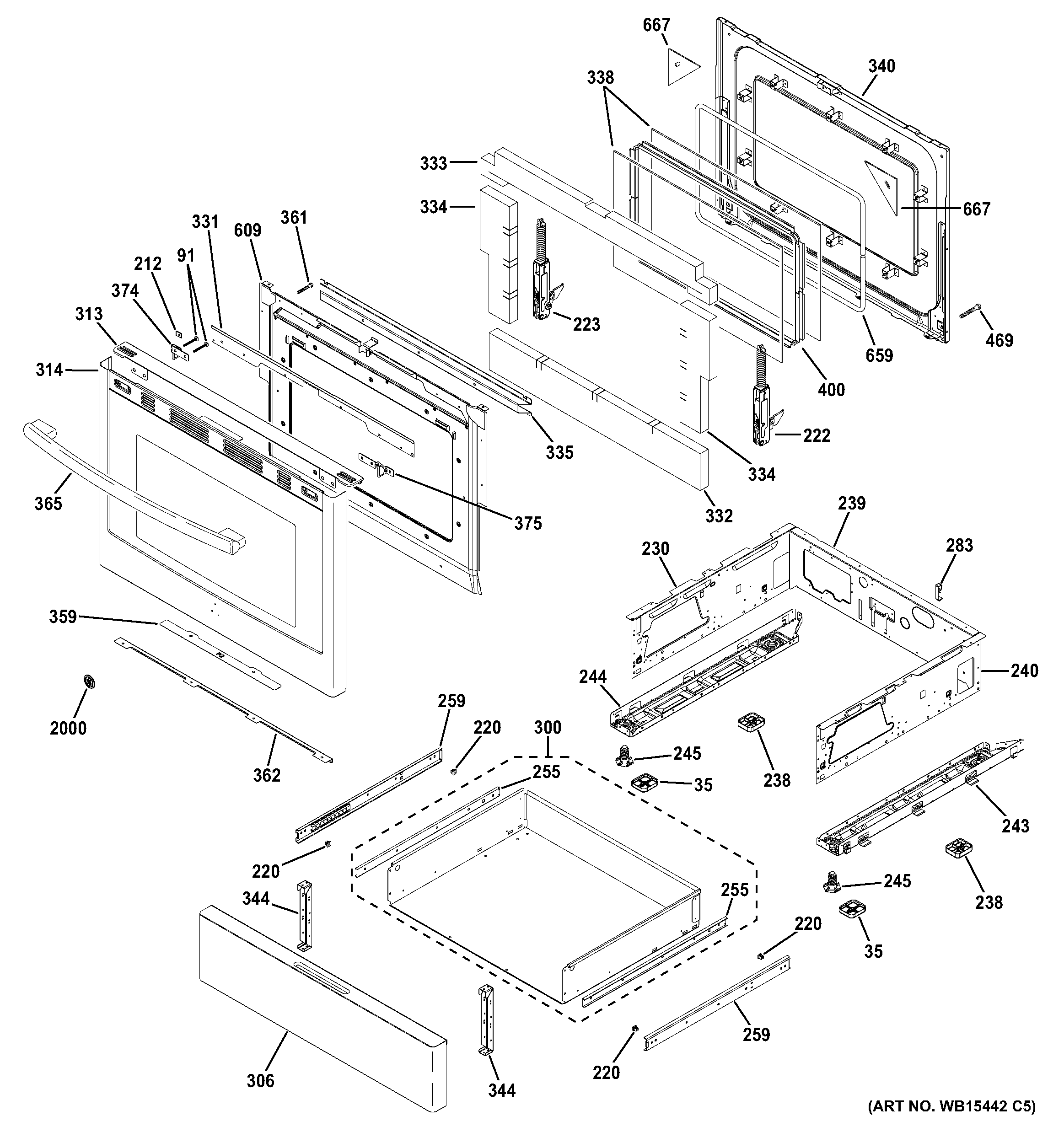 GE PGB911DEJ2BB door & drawer parts diagram
