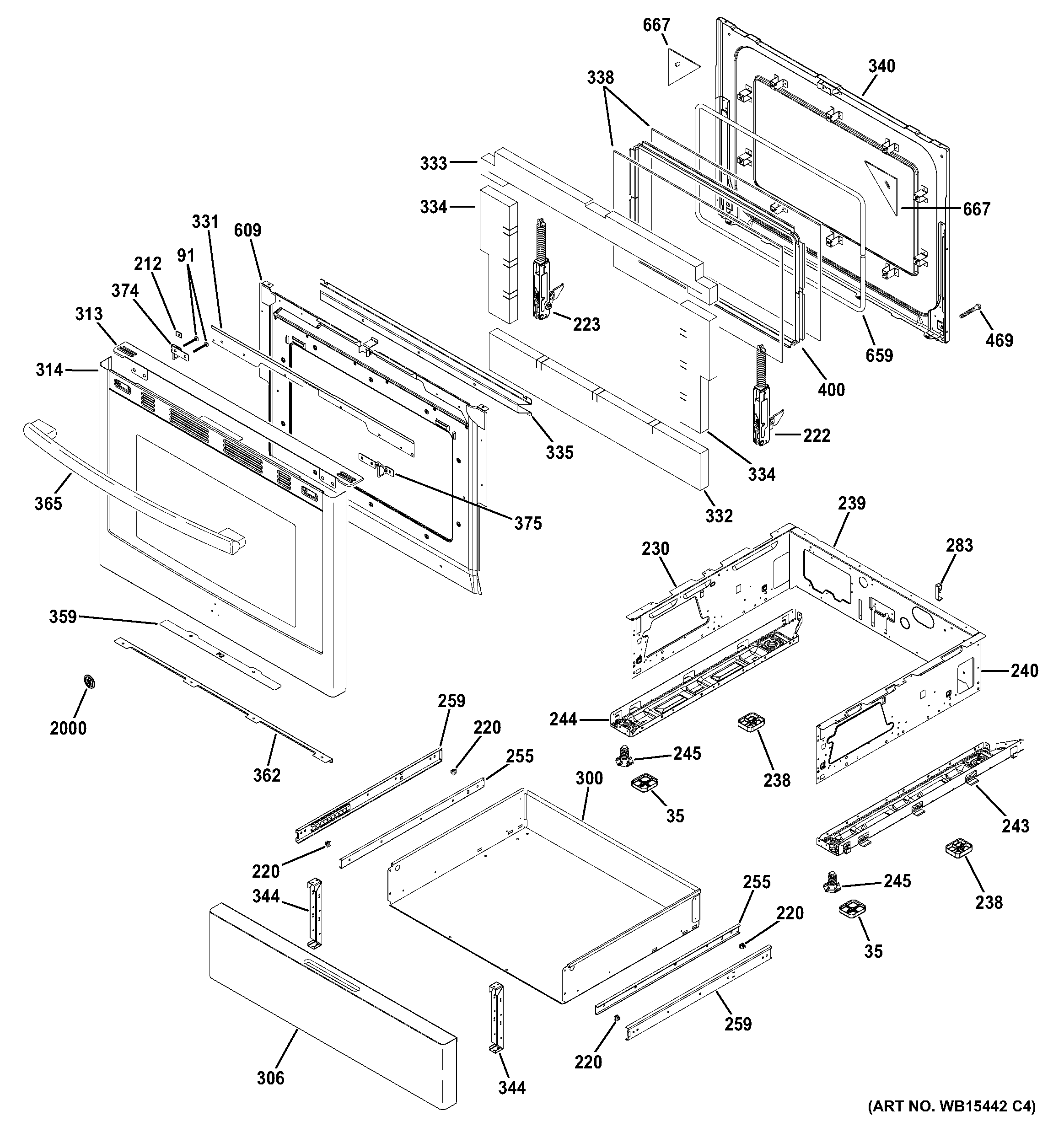 GE PGB911ZEJ2SS door & drawer parts diagram