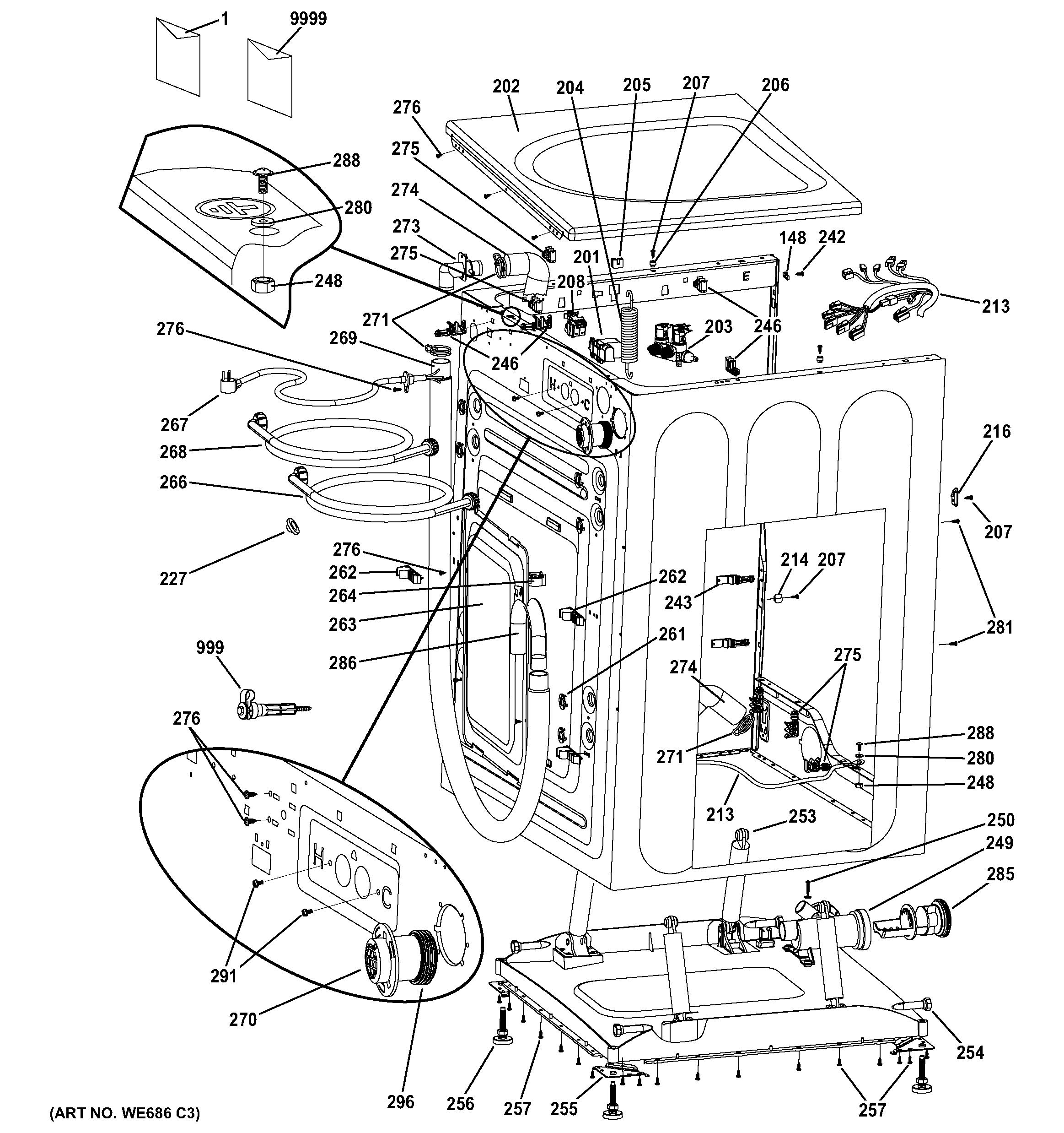 GE GFW400SCK0WW cabinet & top panel diagram