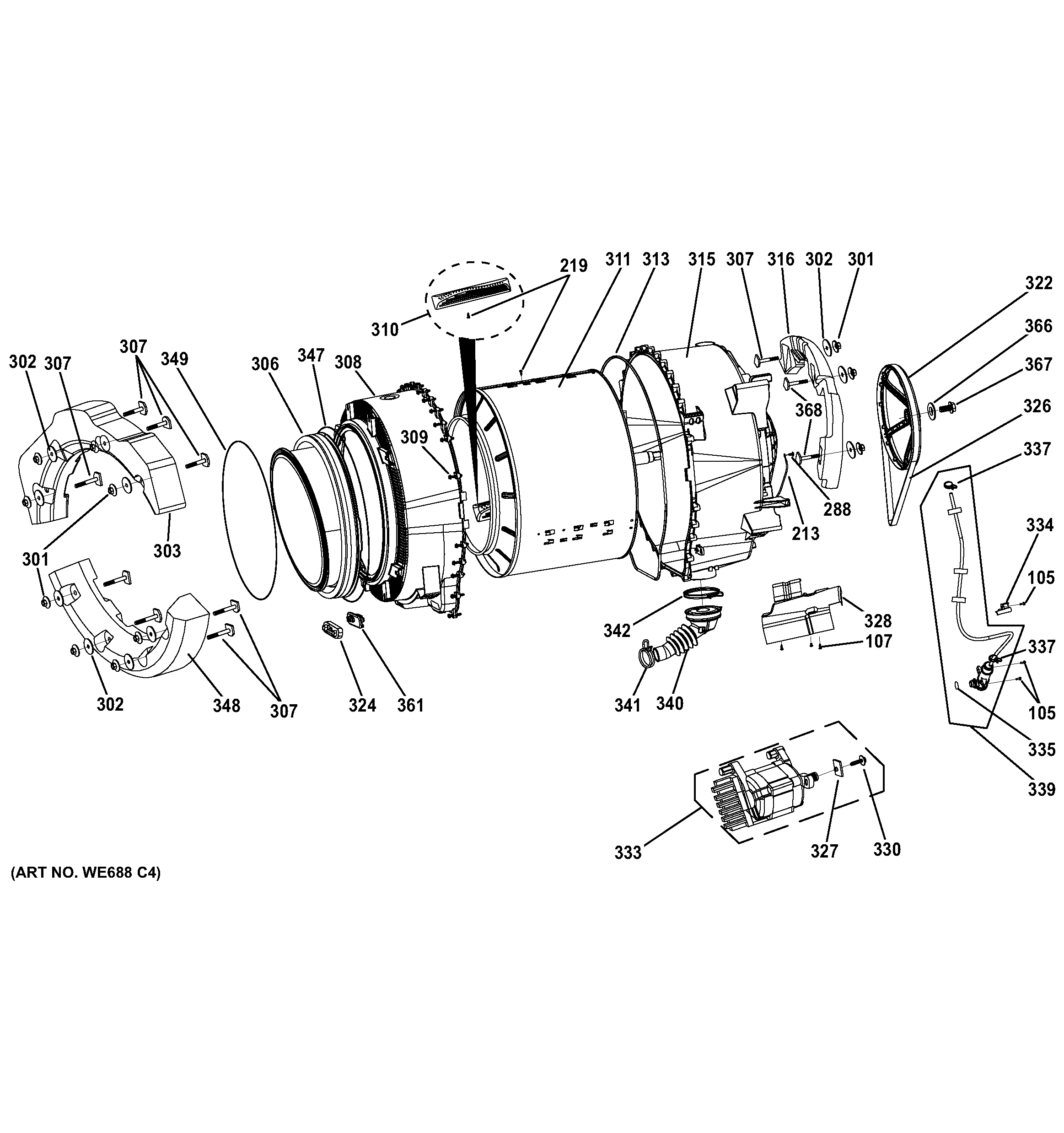 GE GFW400SCK0WW tub & motor diagram