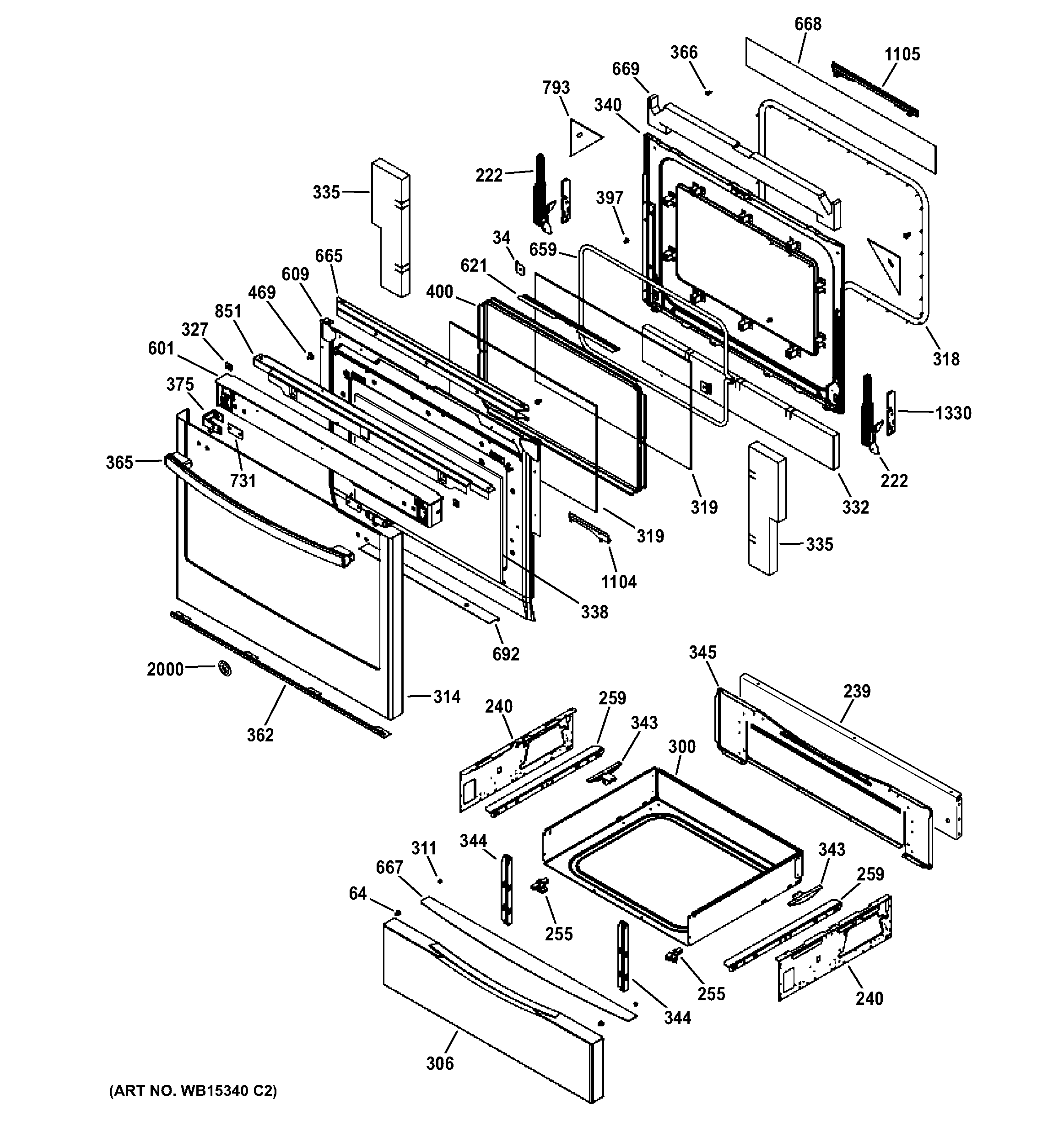 GE JGS650SEF4SS door & drawer parts diagram