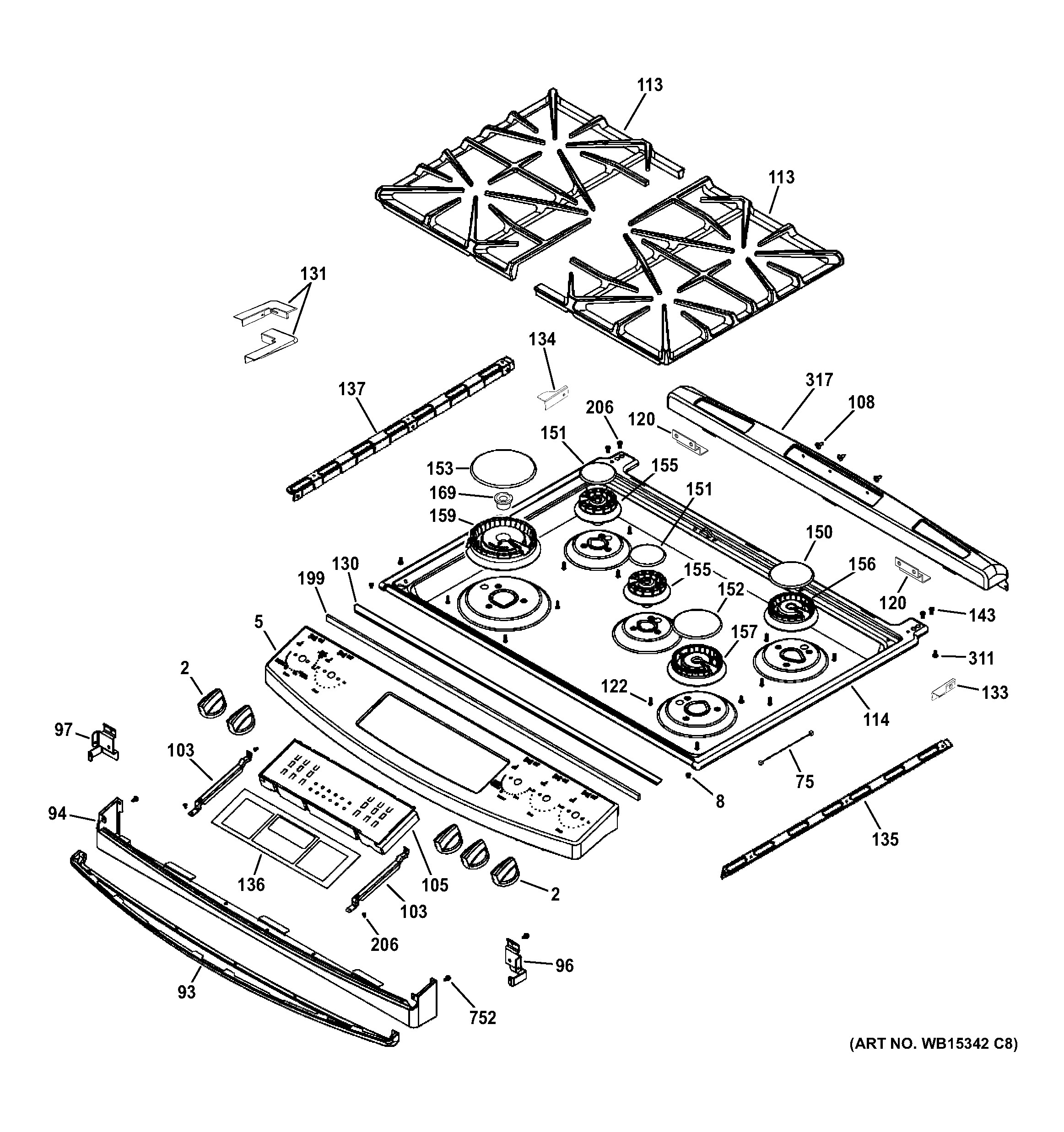 GE JGS750SEF5SS control panel & cooktop diagram