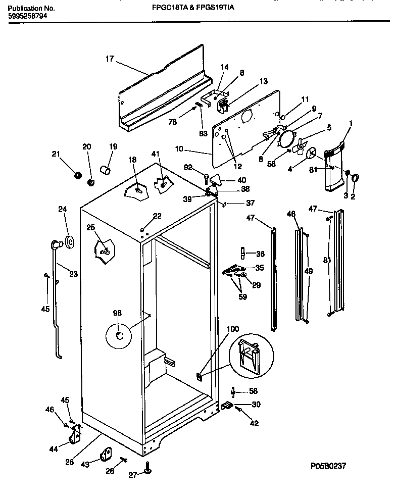 Frigidaire FPGS19TIAL4 cabinet with fan assembly diagram