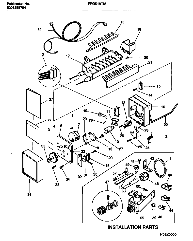 Frigidaire FPGS19TIAL4 ice maker components and installation parts diagram