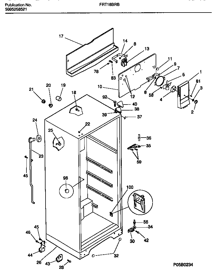 Frigidaire FRT18BRBD2 cabinet with fan assembly diagram
