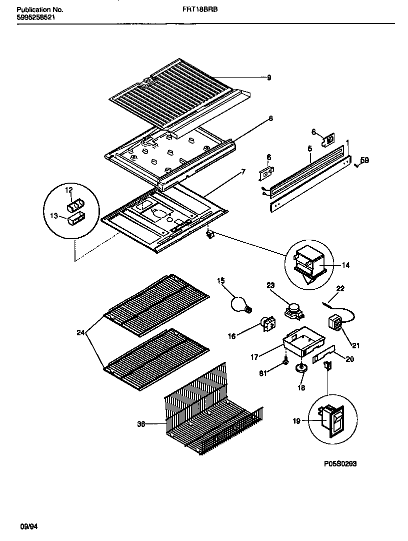 Frigidaire FRT18BRBD2 shelves, controls, divider, mullion diagram