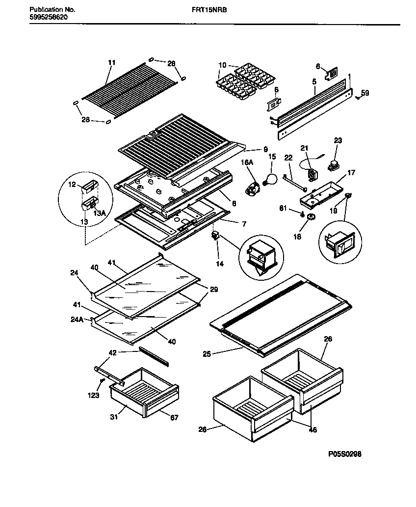 Frigidaire FRT15NRBD1 shelves, controls, divider, mullion diagram