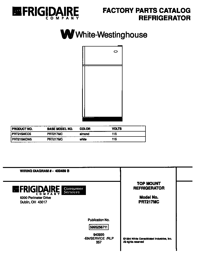 White-Westinghouse PRT215MCW5 cover page diagram