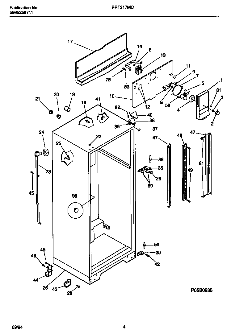 White-Westinghouse PRT215MCW5 cabinet w/fan assembly diagram