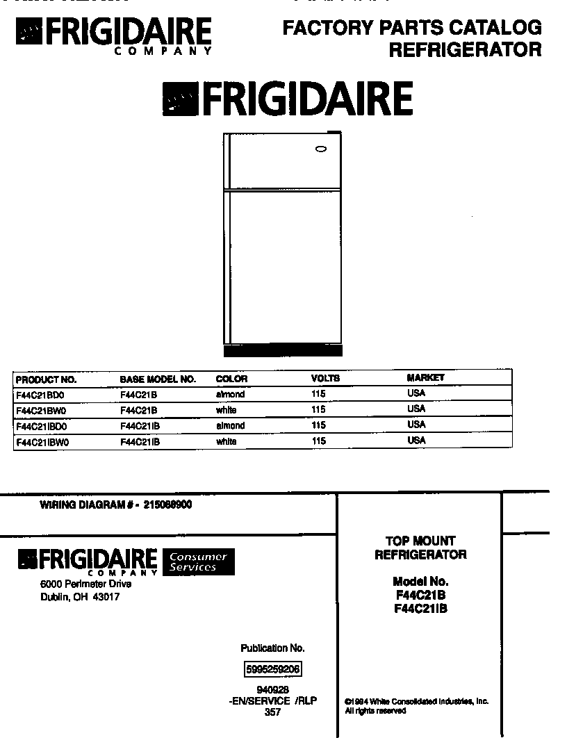 Frigidaire F44C21BW0 cover page diagram