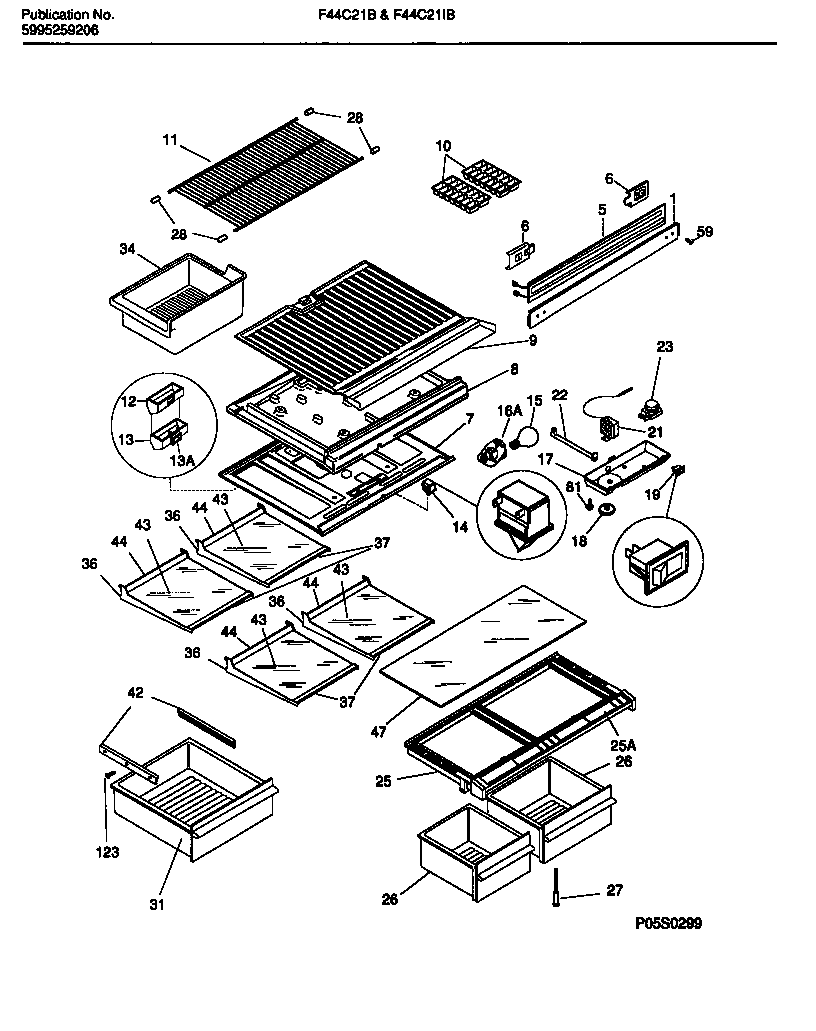 Frigidaire F44C21BW0 shelves, controls, divider, mullion diagram