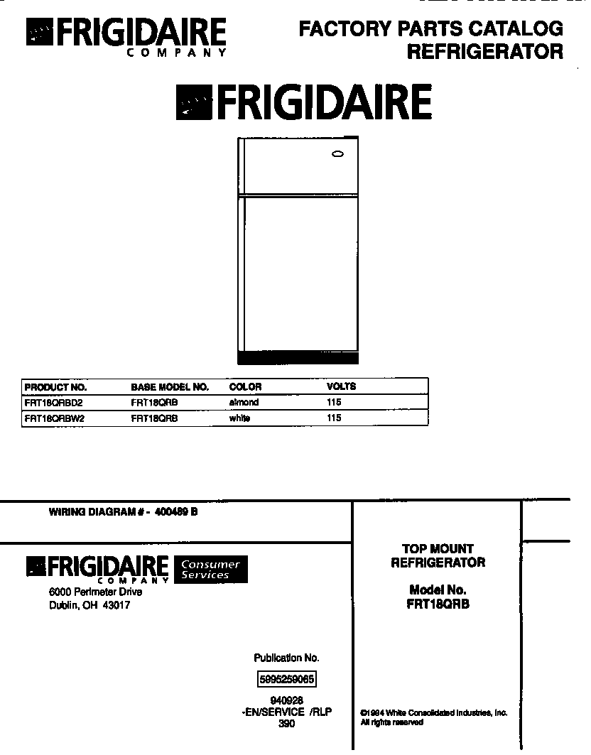 Frigidaire FRT18QRBW2 cover page diagram