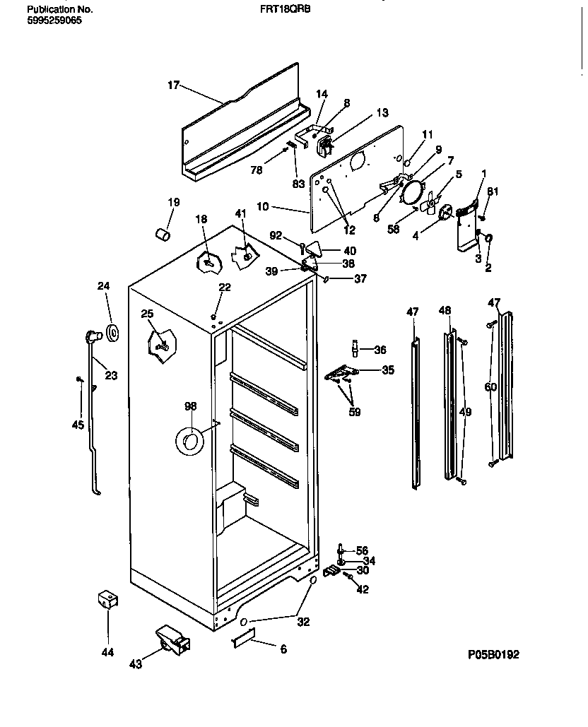 Frigidaire FRT18QRBW2 cabinet w/fan assembly diagram