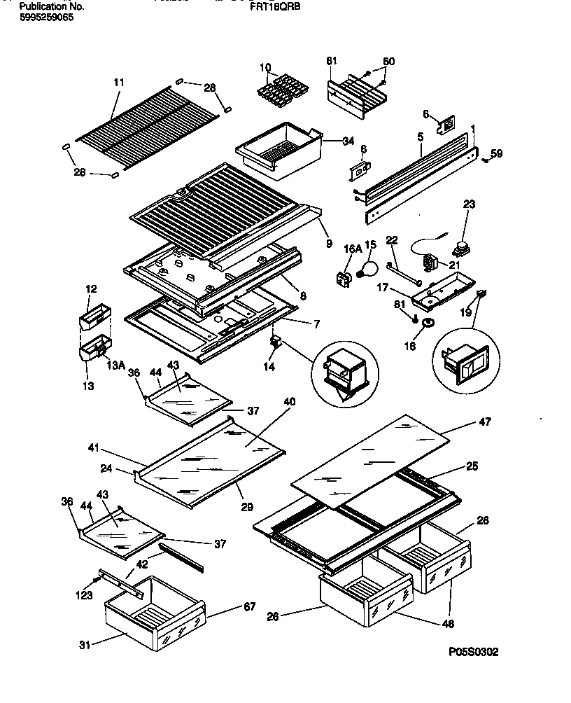 Frigidaire FRT18QRBW2 shelves, controls, divider, mullion diagram