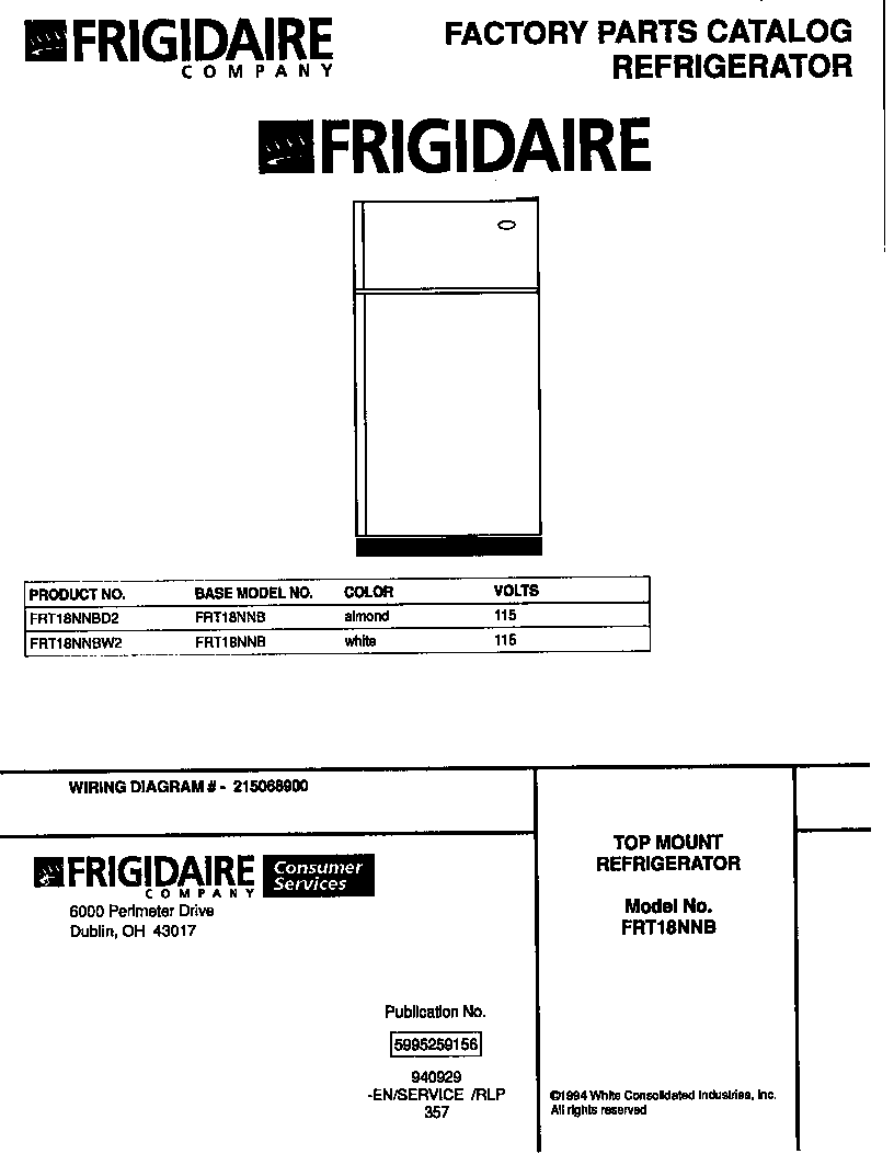 Frigidaire FRT18NNBW2 cover page diagram
