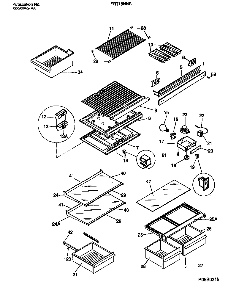 Frigidaire FRT18NNBW2 shelves, controls, divider, mullion diagram