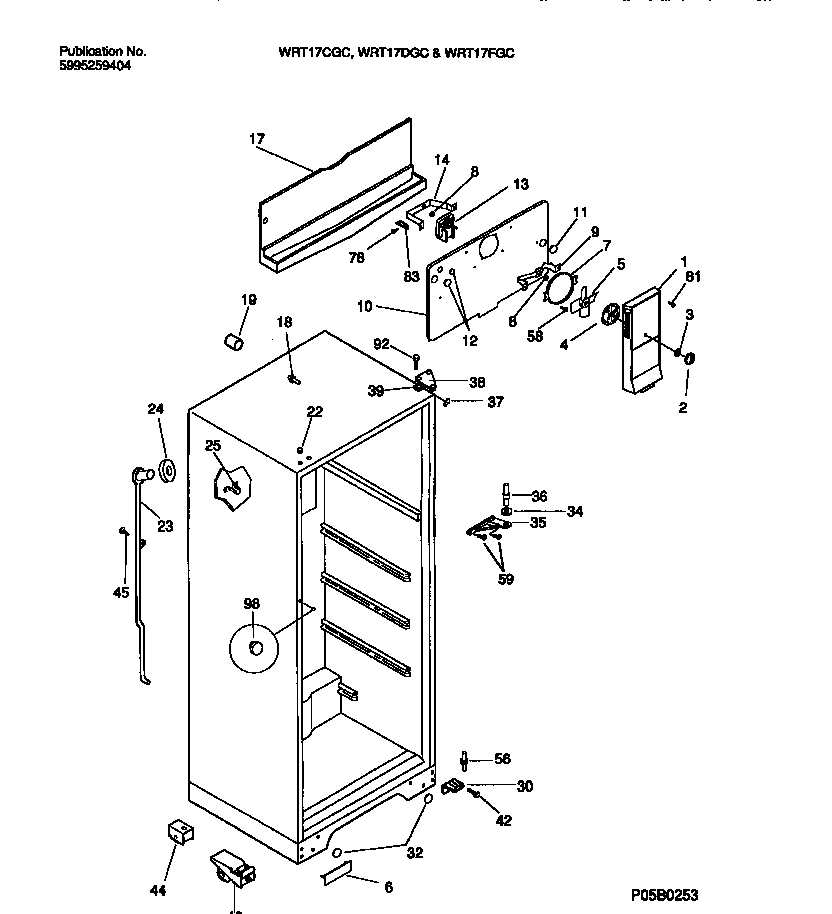 White-Westinghouse WRT17DGCY1 cabinet w/ fan assembly diagram