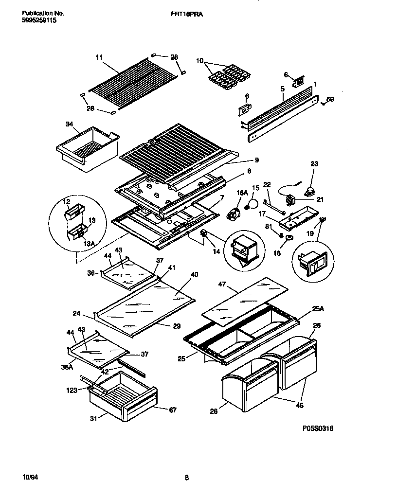 Frigidaire FRT18PRAD4 shelves, controls, divider, mullion diagram