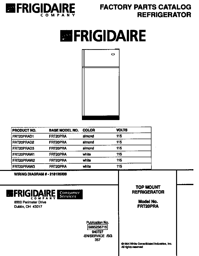 Frigidaire FRT20PRAD3 refrigerator, top mount diagram