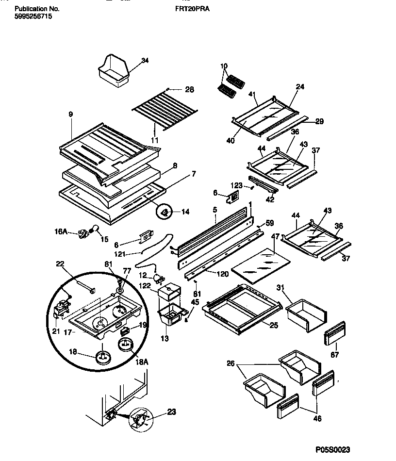Frigidaire FRT20PRAD3 shelves, controls, divider, mullion diagram