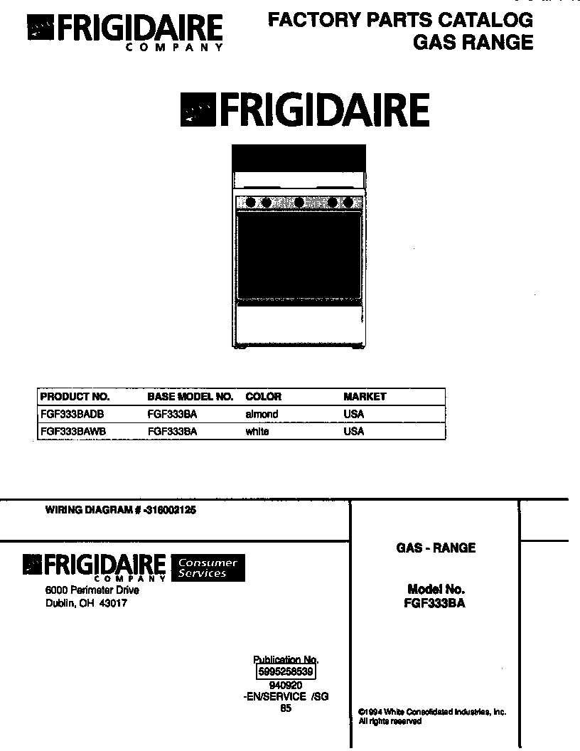 Frigidaire FGF333BADB gas range diagram