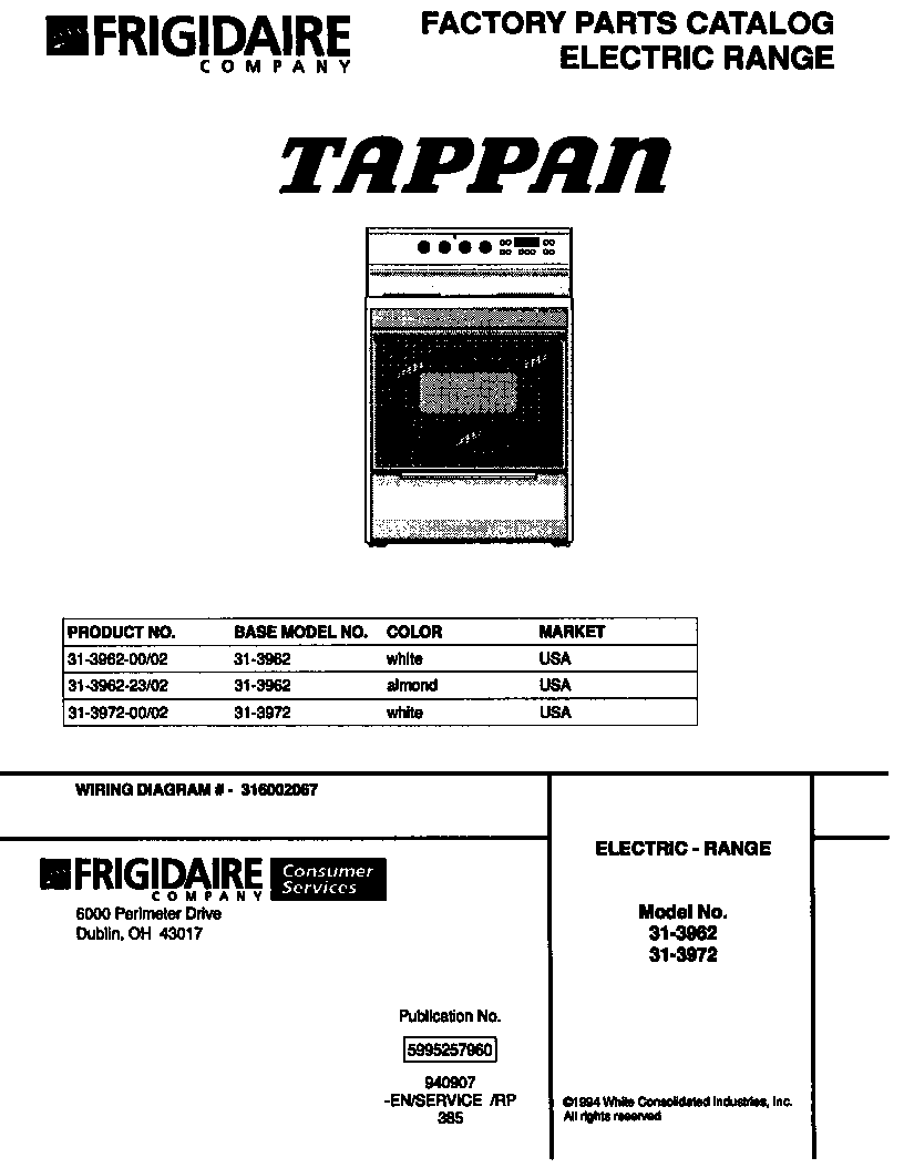 Tappan 31-3972-00-02 electric range diagram