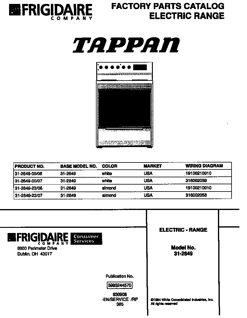 Tappan 31-2649-23-06 electric range diagram