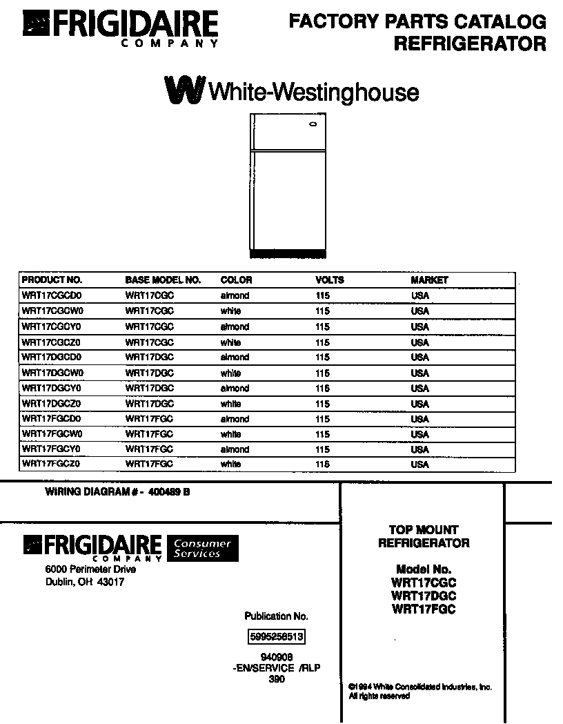 White-Westinghouse WRT17FGCW0 top mount refrigerator diagram
