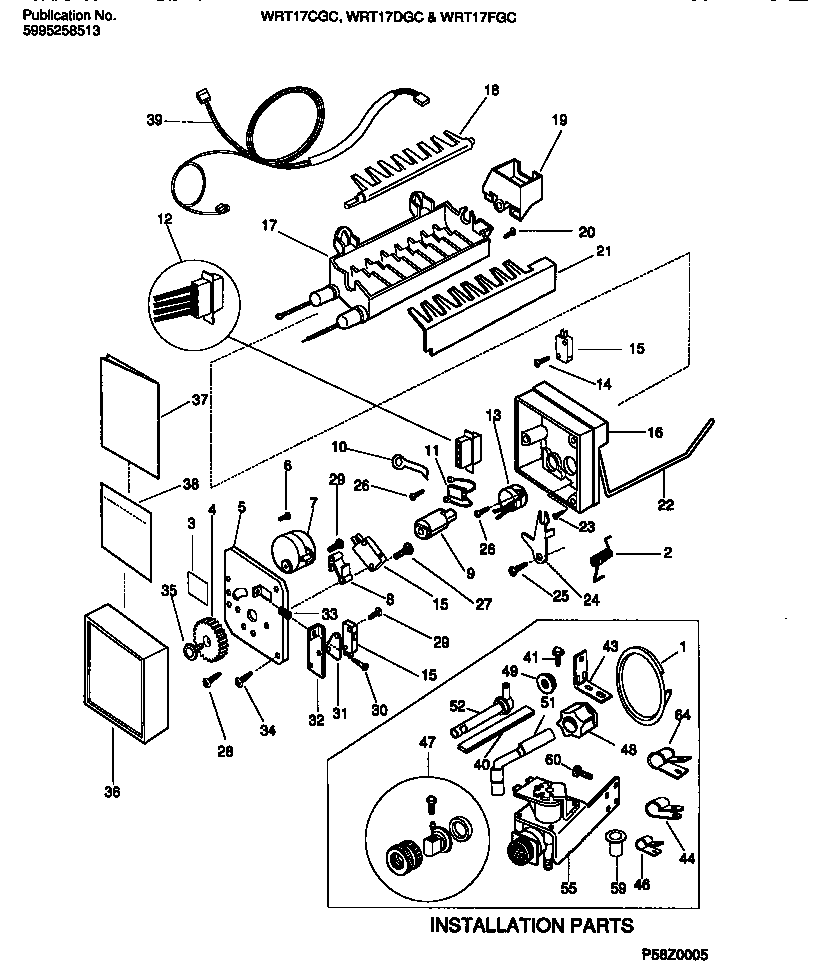 White-Westinghouse WRT17FGCW0 icemaker & installation components diagram